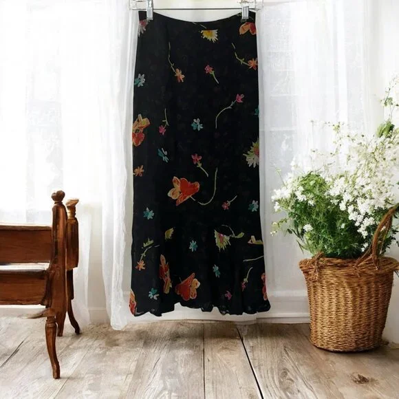 Vintage Floral Print Reversible Sheer Overlay Lettuce Hem Maxi Skirt Small - Picture 2 of 8